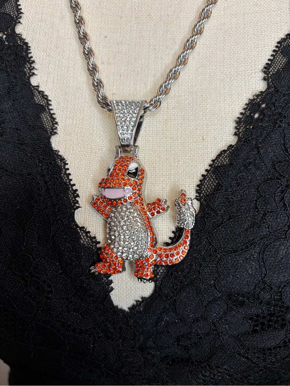 Crystal Pave Silver-tone CHARMANDER Pendant Necklace Pokemon